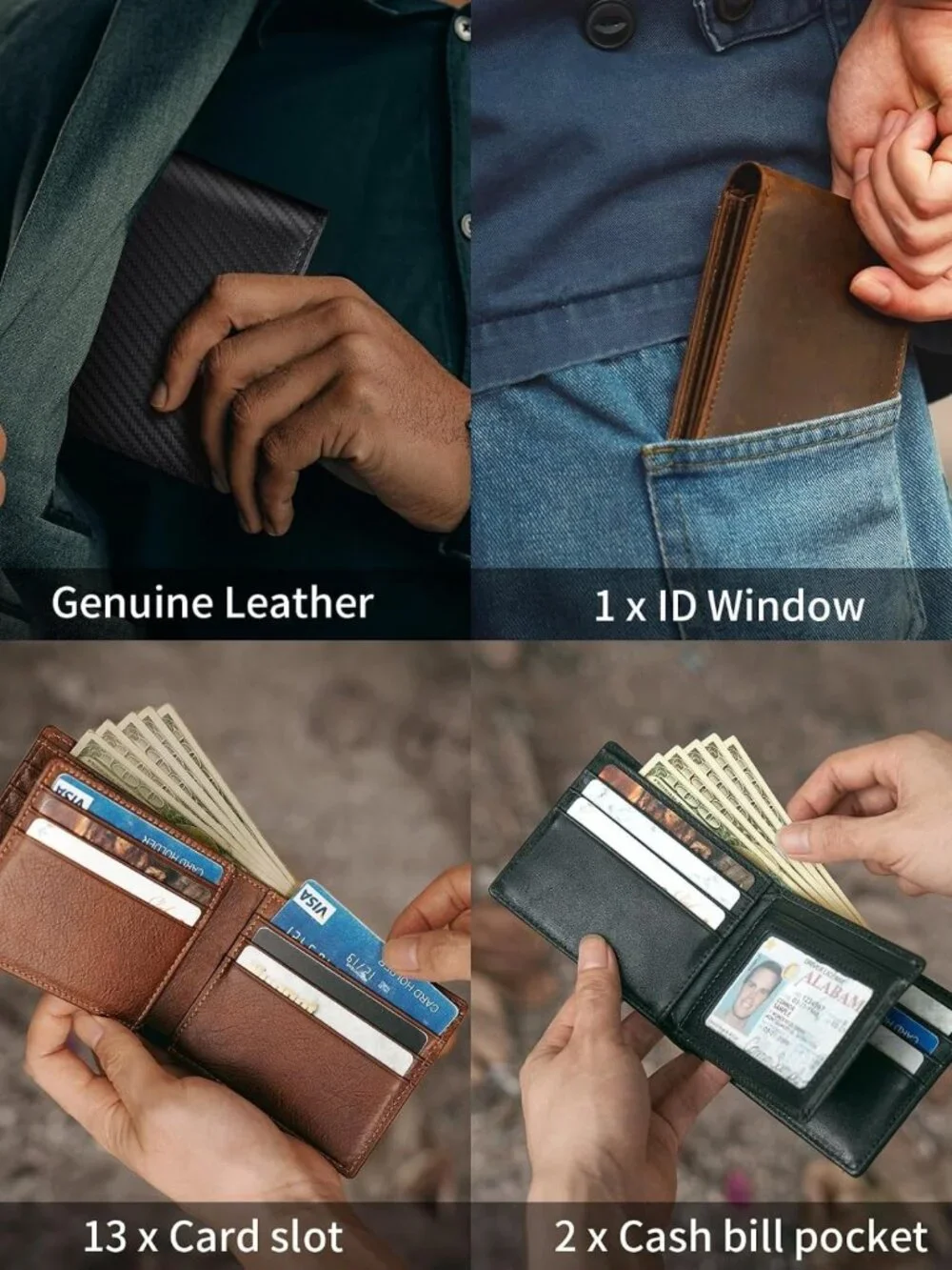 Genuine Leather Bifold Wallet for Men | RFID Blocking, 1 ID Window, 13 Card